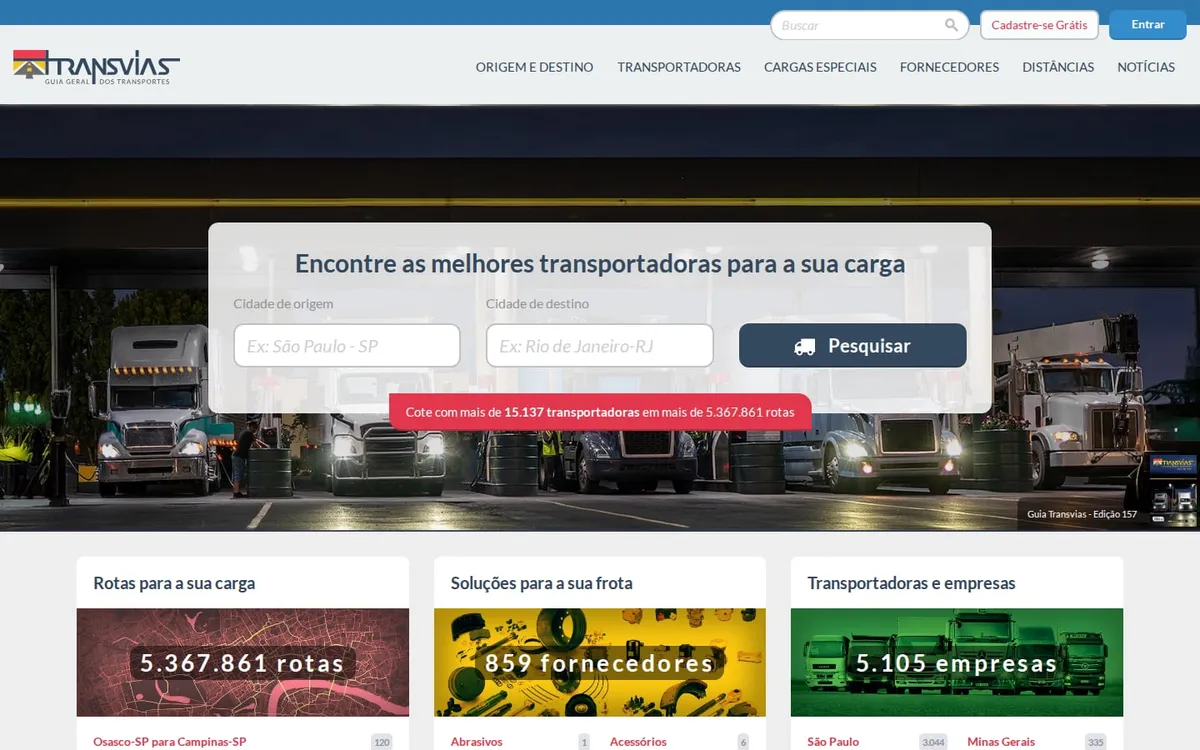 Home page of the Transvias website, a general transportation guide