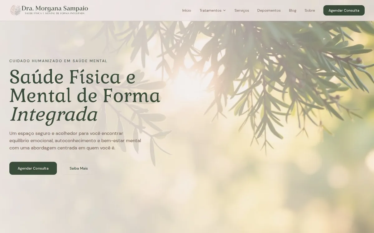 Home page of Dr. Morgana Sampaio's website, headed Integrated Physical and Mental Health