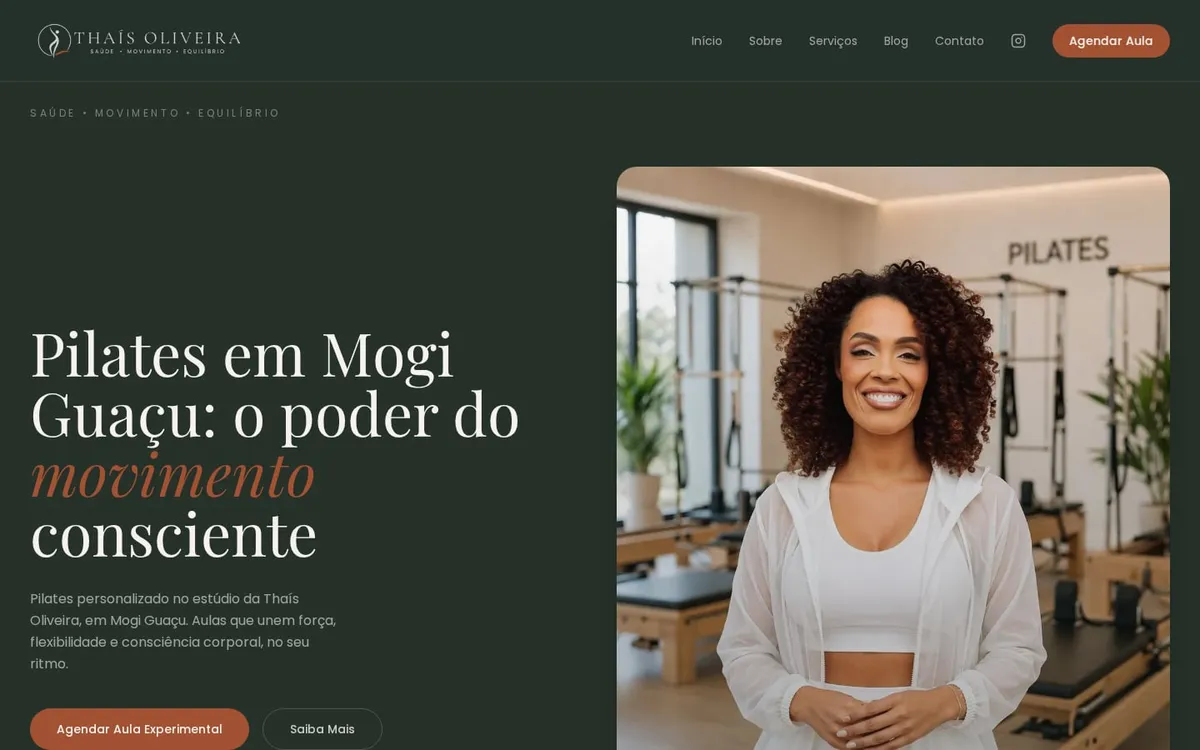 Home page of Thaís Oliveira's website, headed Pilates in Mogi Guaçu